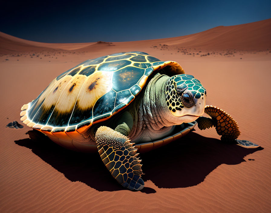 Sea turtle in desert landscape: surreal digital art juxtaposition