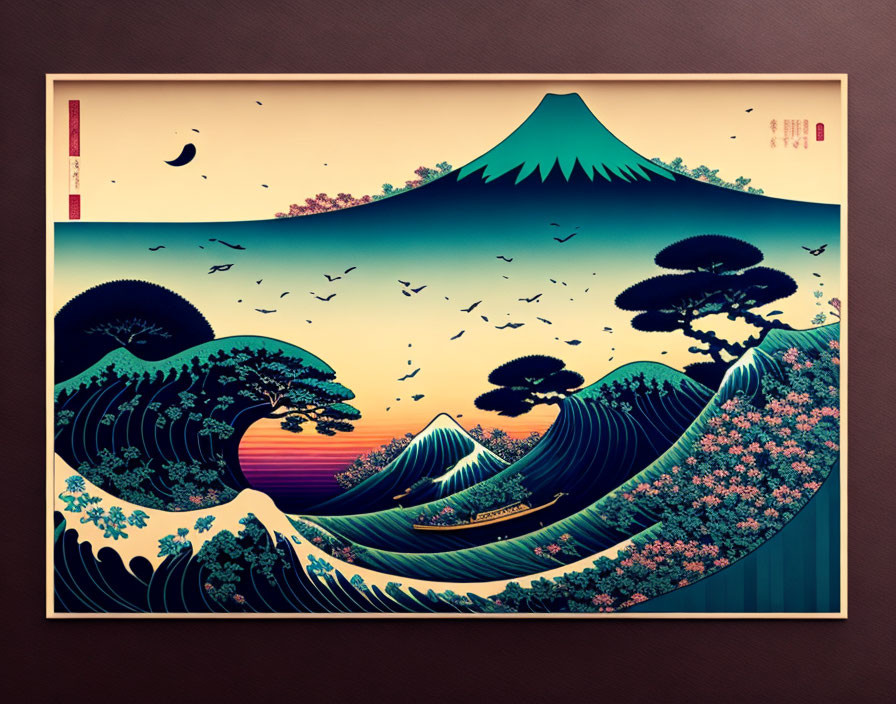 Illustration of Mount Fuji with wave, pine trees, birds, and sunset sky