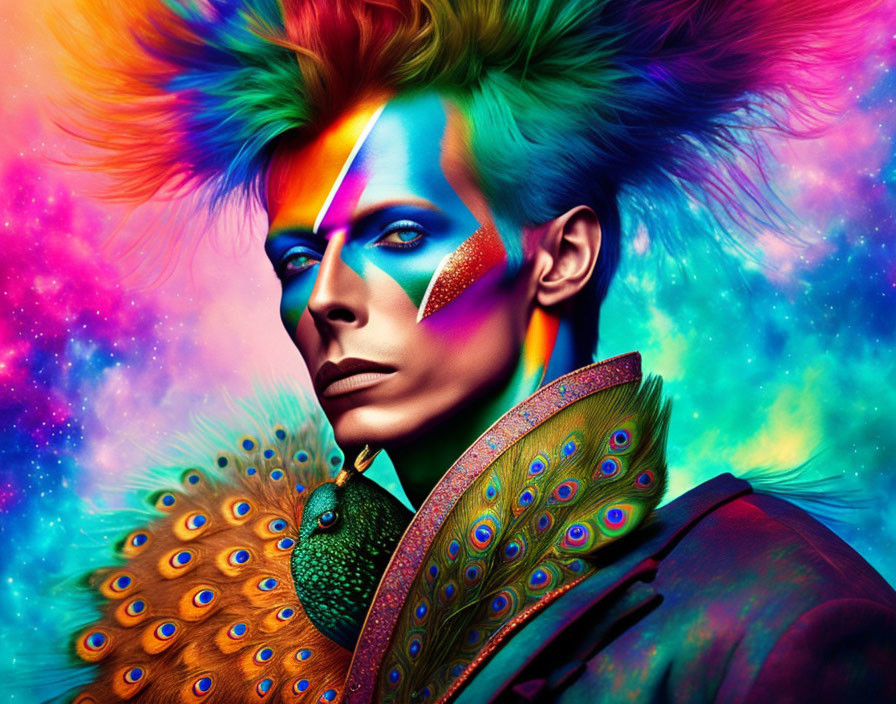 Colorful portrait of person with rainbow mohawk and blue makeup