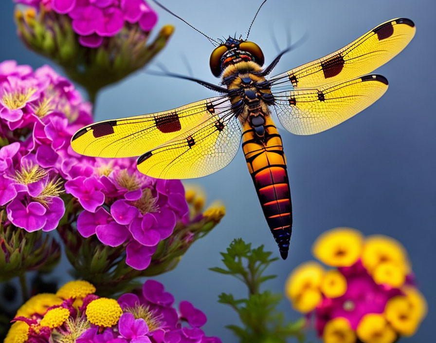 Colorful dragonfly on pink flowers against blue background with out-of-focus blooms.