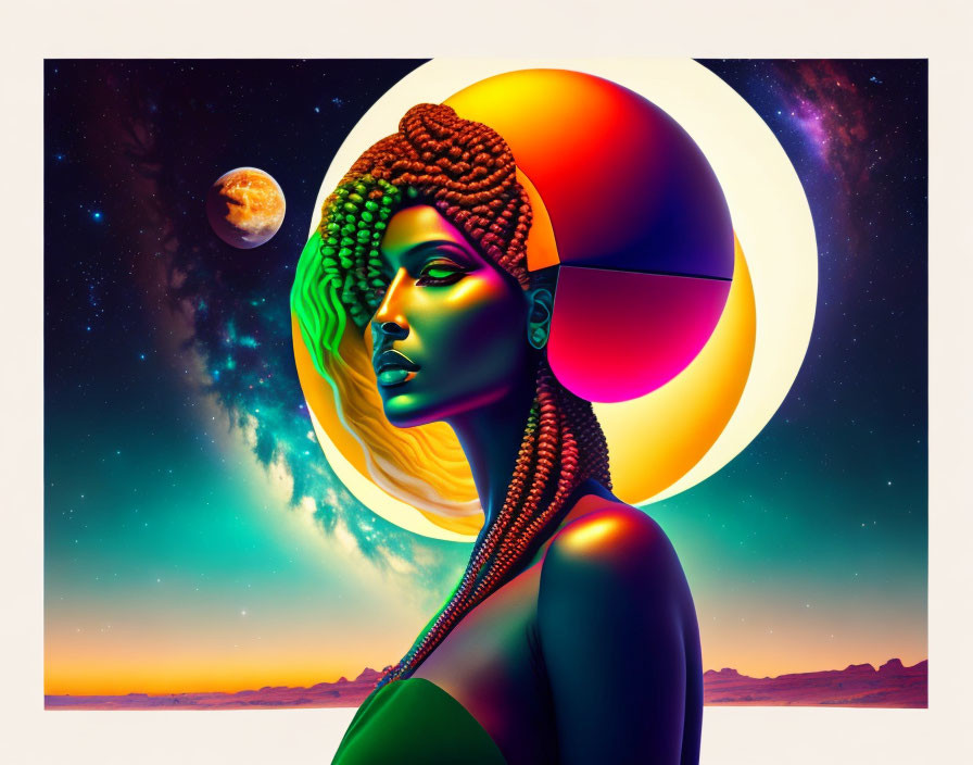 Colorful woman with green hair in cosmic landscape