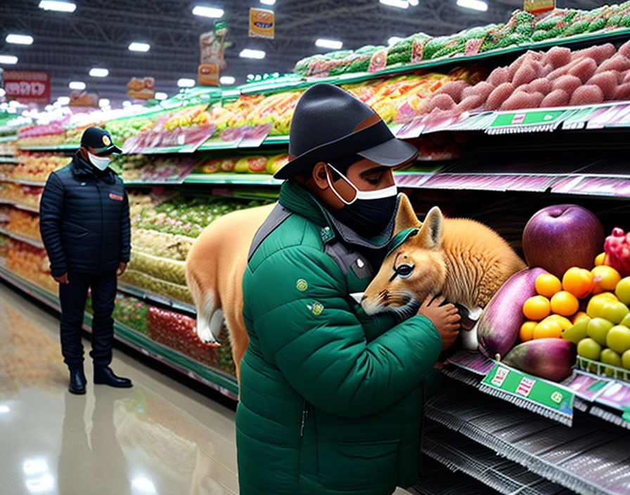 Person in green jacket with face mask holding corgi in grocery store aisle with fresh produce