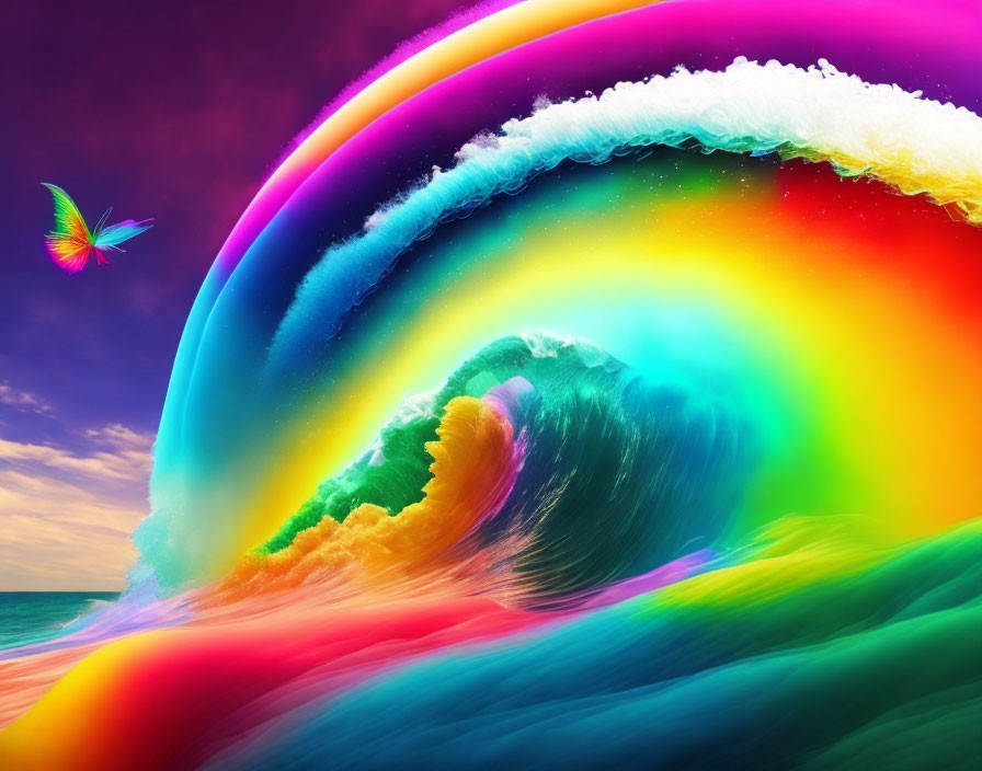 Vibrantly colored rainbow wave against sunset sky with flying bird