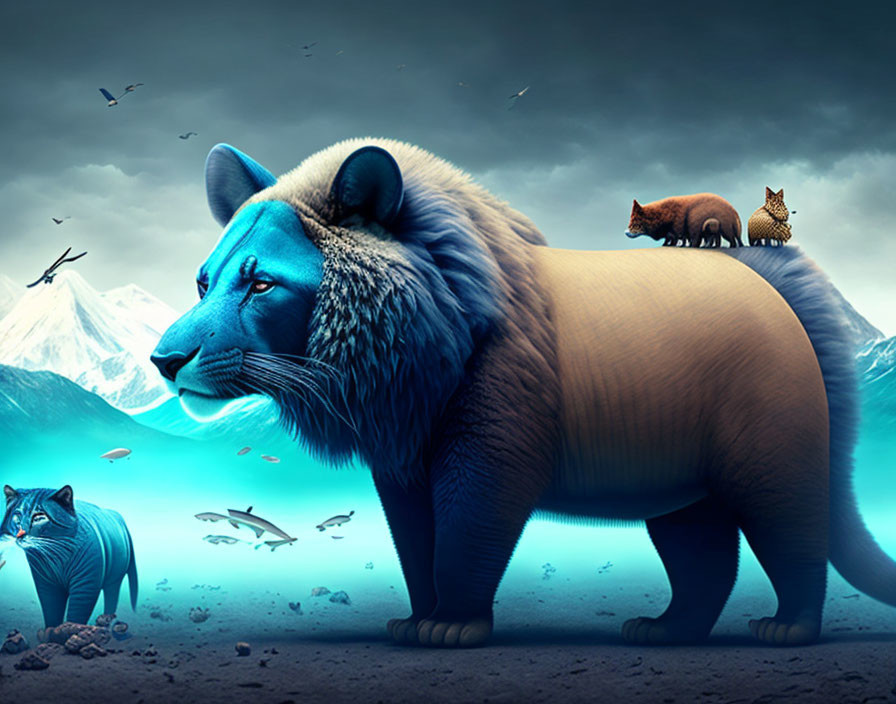 Surreal image of oversized blue animals in a mountainous landscape