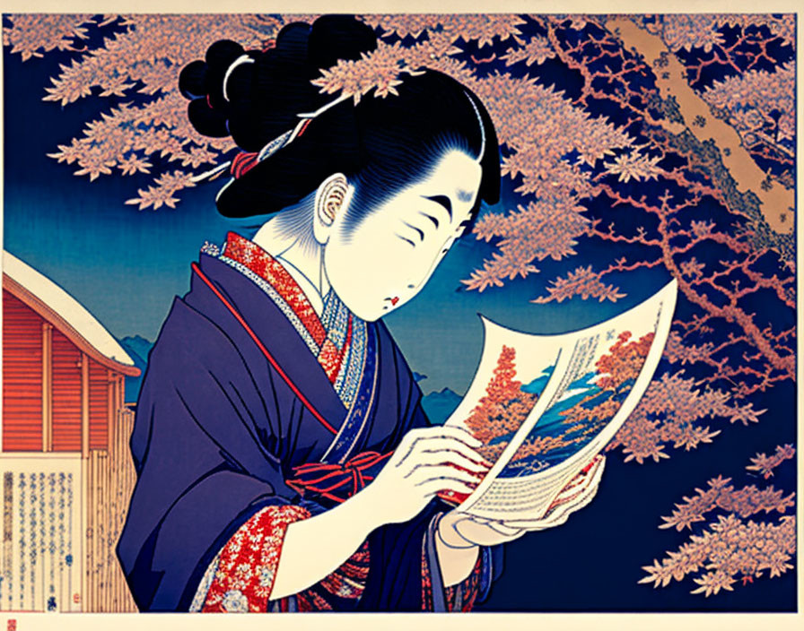 Traditional Japanese Woodblock Print: Woman in Kimono Reading Scroll under Cherry Blossoms