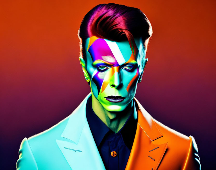 Vibrant face paint and sharp suit on colorful figure against gradient backdrop