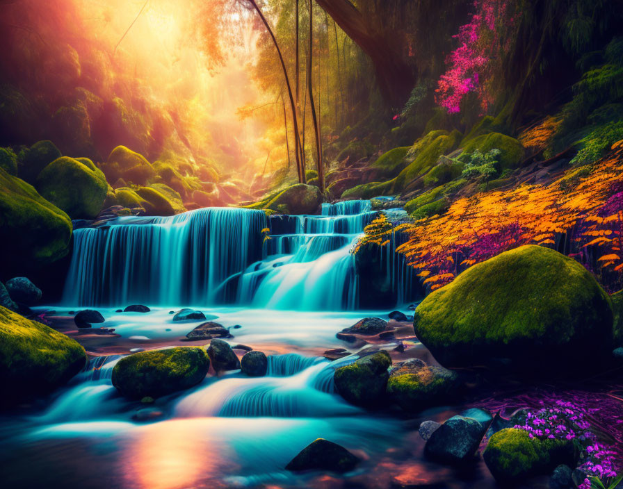 Tranquil forest waterfall with sunlight, colorful foliage, and moss-covered rocks