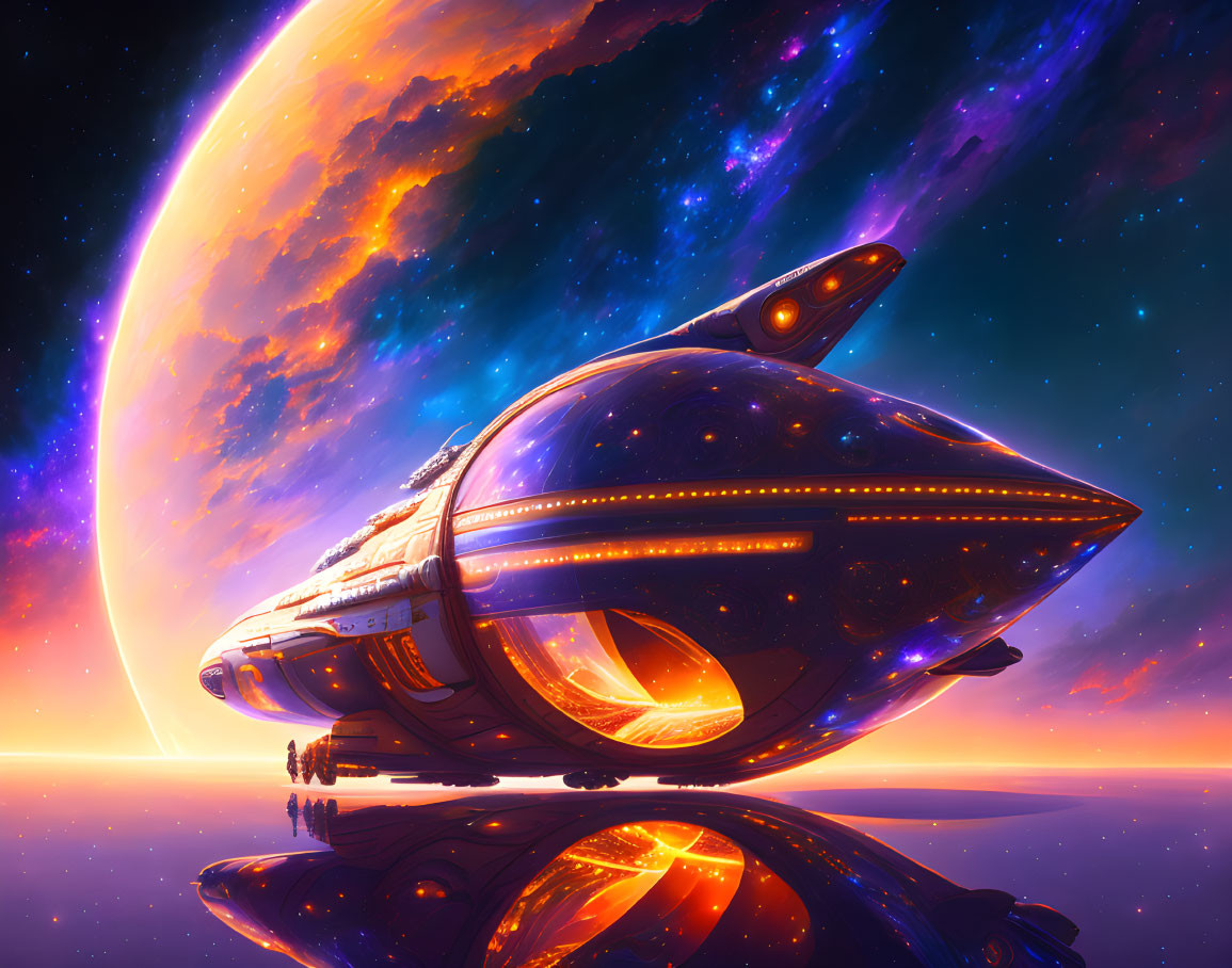 Futuristic spaceship on glossy surface with colorful planet and nebula in background