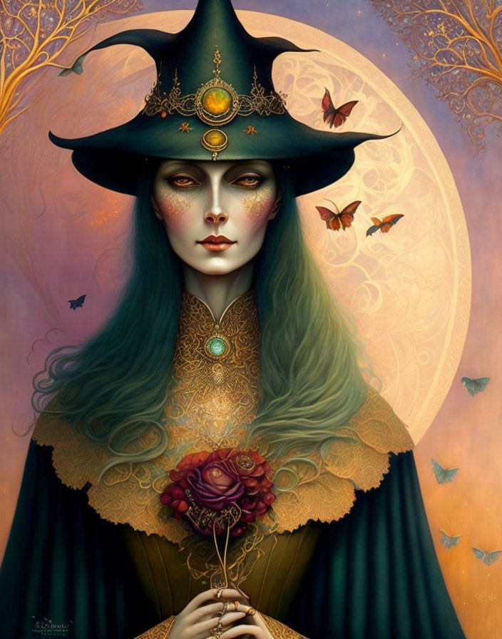 Green-haired woman in witch hat with butterflies holding rose under full moon