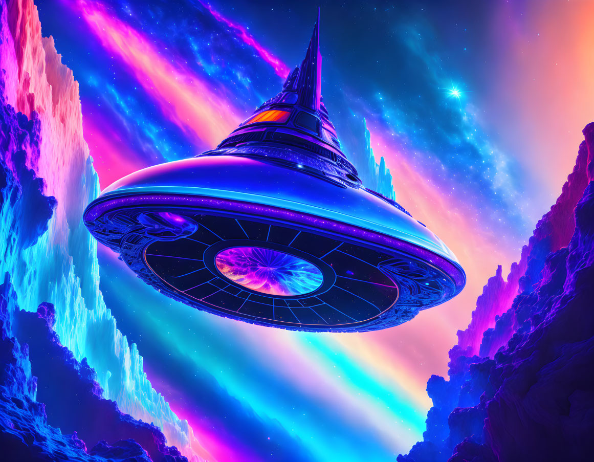 Futuristic spaceship over vibrant alien landscape