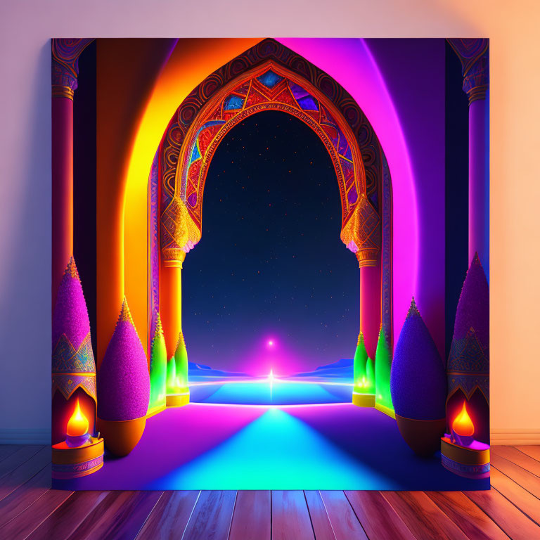 Colorful digital art: Ornate archway under starry sky with neon-lit path & v