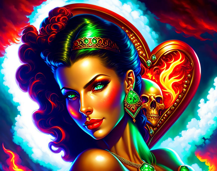 Colorful Illustration: Woman with Elaborate Makeup and Jewelry Beside Skull in Flaming Heart