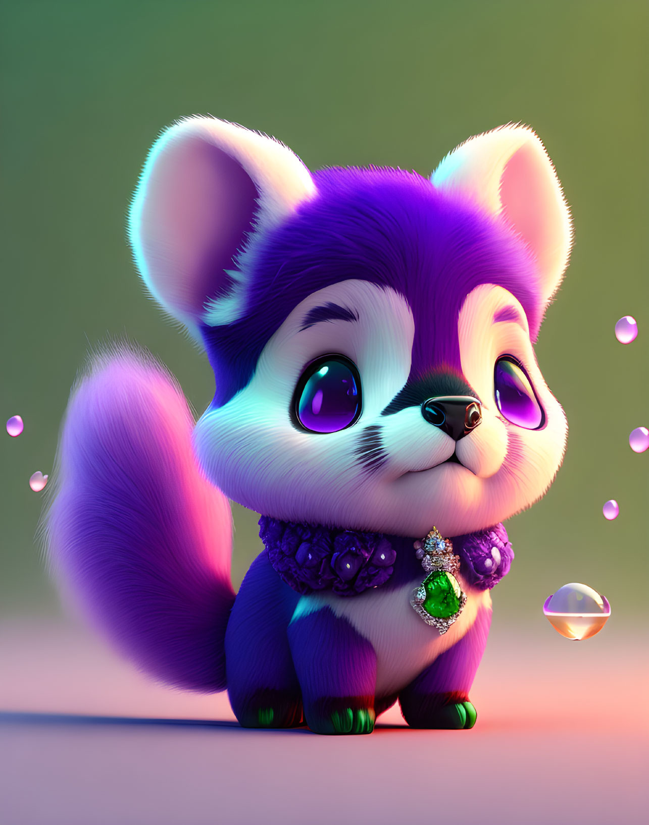 Stylized cute animated creature with purple fur and jeweled collar