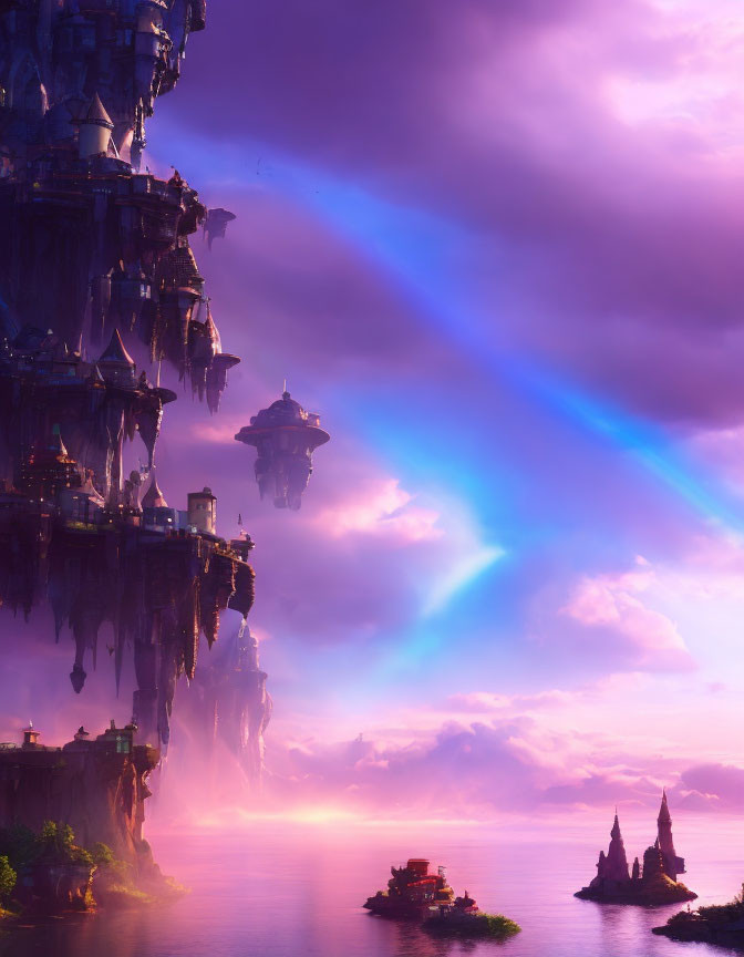 Fantastical floating city at dusk with epic towers and structures against dramatic purple skies and radiant rainbow beam