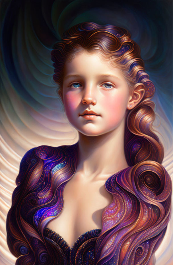 Person with Wavy Hair in Colorful Garment and Swirling Background