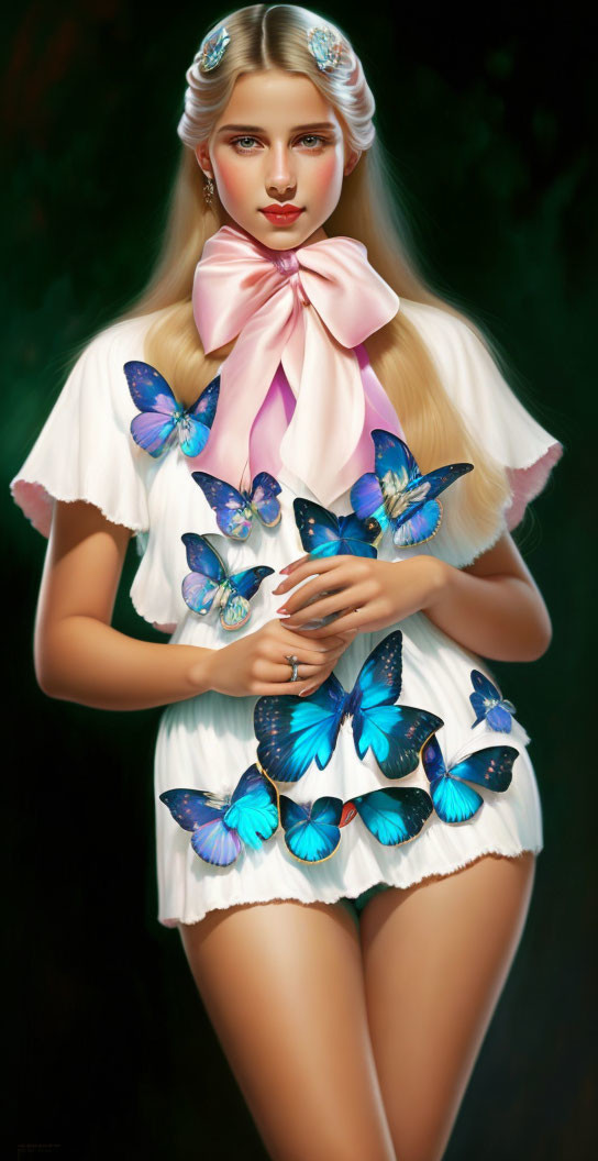 Platinum blonde woman with pink bow surrounded by blue butterflies on white outfit