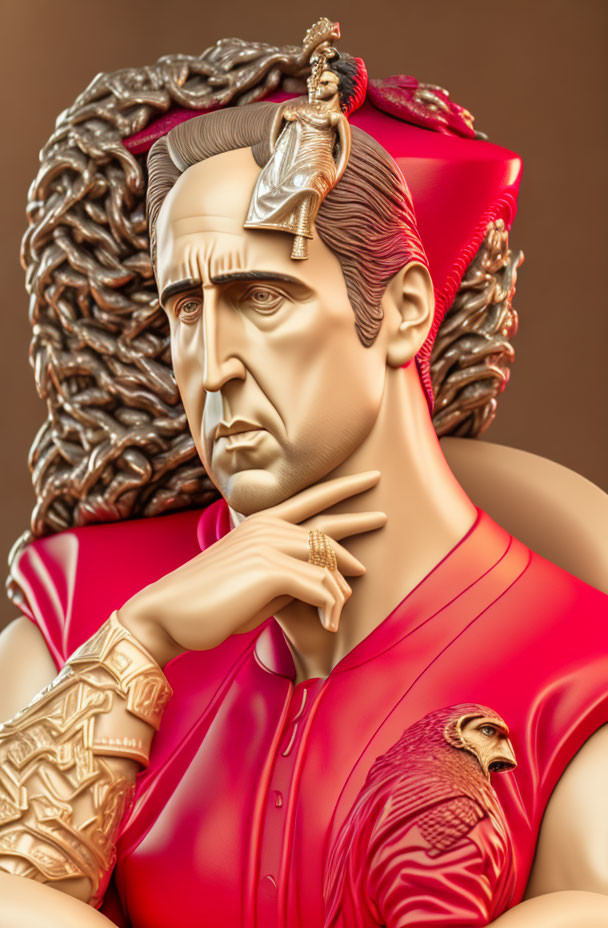 Detailed 3D rendering of a contemplative man in red toga with gold accents