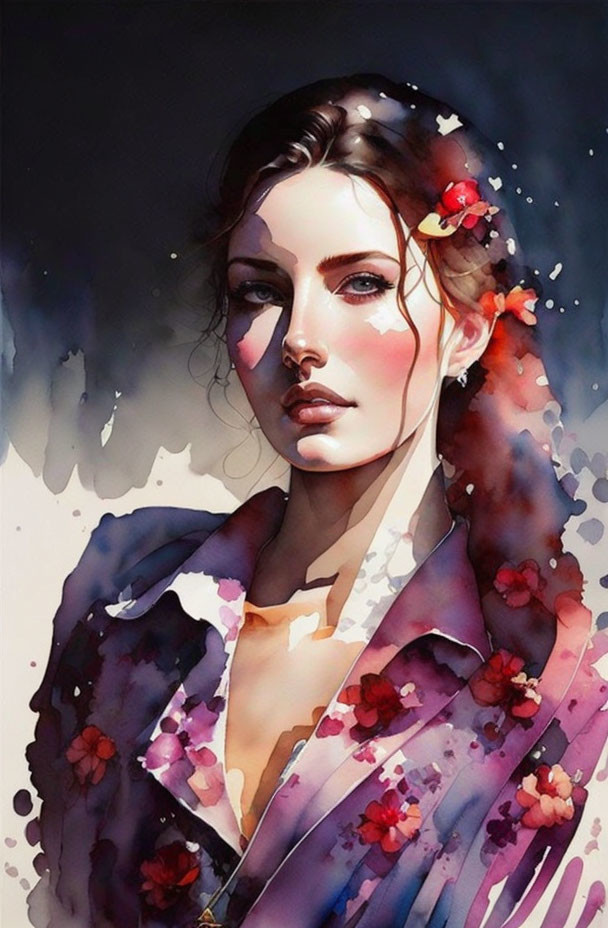 Vibrant watercolor portrait of a woman with floral elements