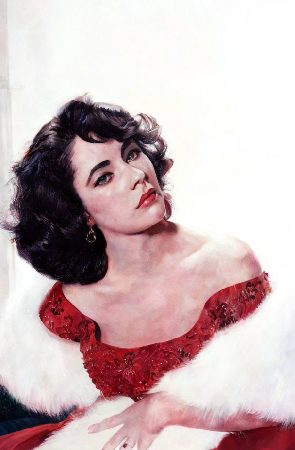 Woman in red off-shoulder dress with fur trim gazing upwards