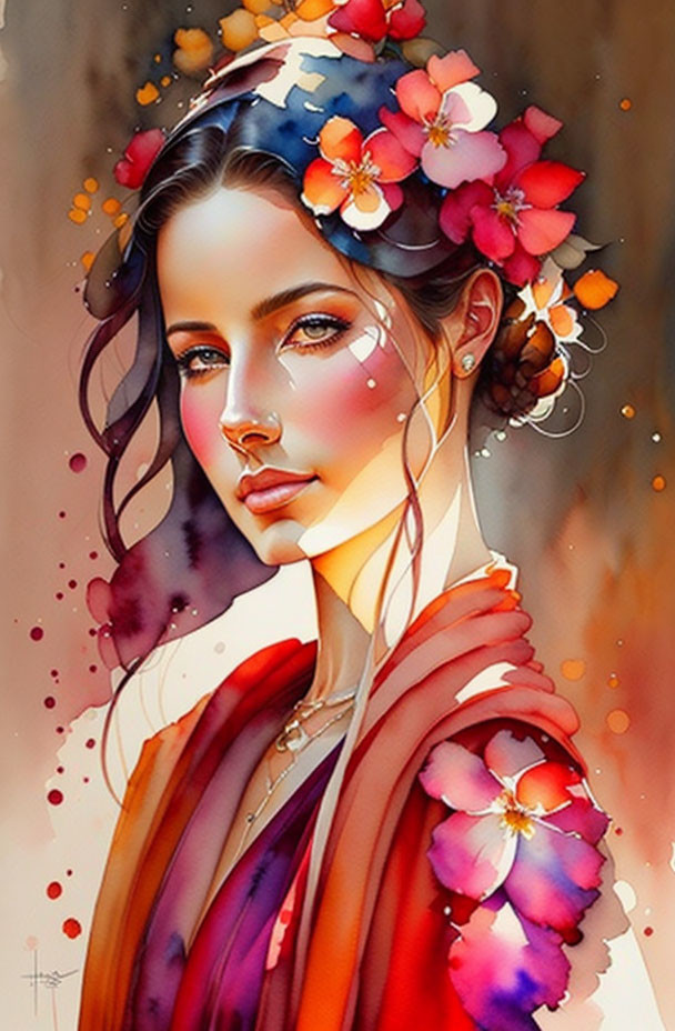 Colorful Woman Portrait with Floral Wreath in Hair and Watercolor Splashes