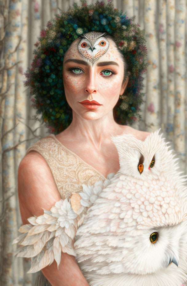 Woman in Owl-Faced Headdress Holding White Owl Against Floral Background