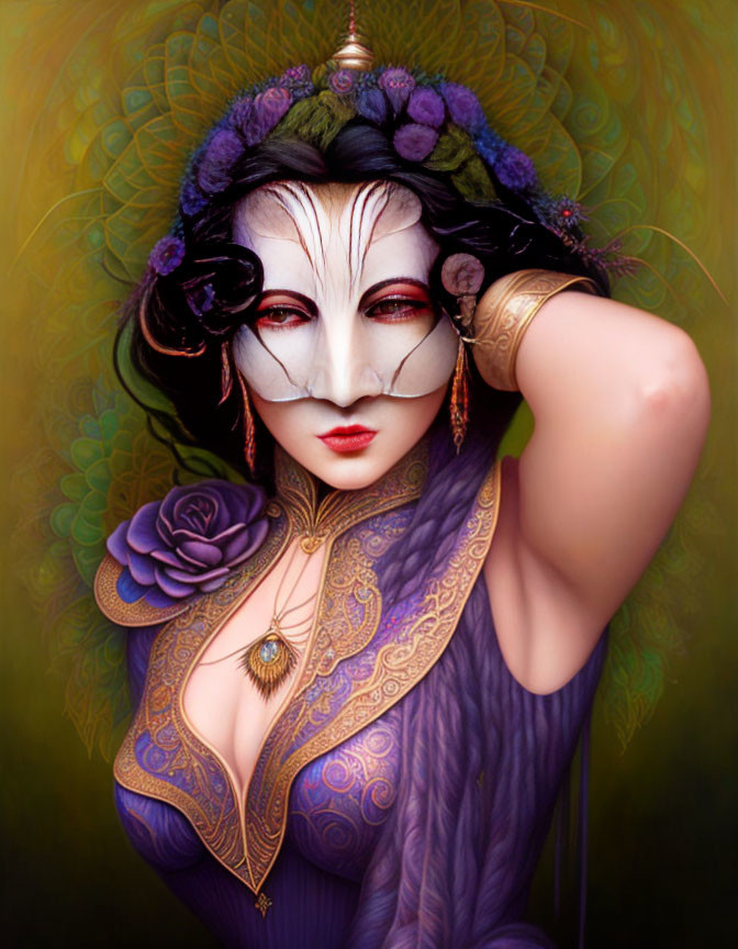 Illustrated woman with purple attire and decorative mask adorned with gold jewelry and violet flowers on green background.