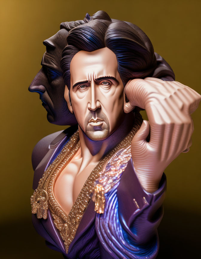 Stylized 3D portrait of a man in dramatic purple outfit with complex hairstyle