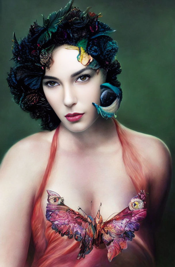 Woman with floral headpiece and bird, butterfly top, greenish backdrop.