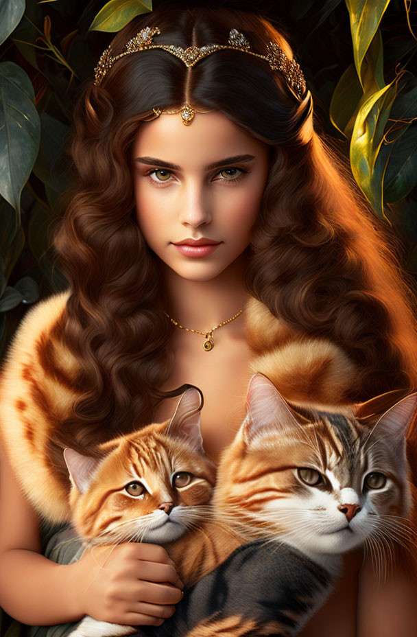 Woman with wavy brown hair and tiara holding two tabby cats in lush green setting