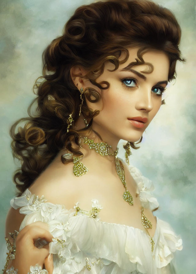 Portrait of woman with curly brown hair, blue eyes, gold jewelry, and white ruffled dress