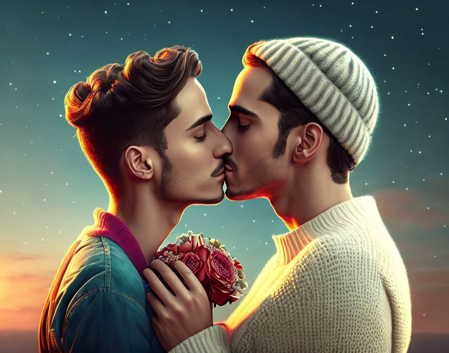 Illustrated men kissing under twilight sky with bouquet