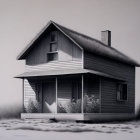 Detailed grayscale pencil drawing of a two-story house with chimney and bushes.