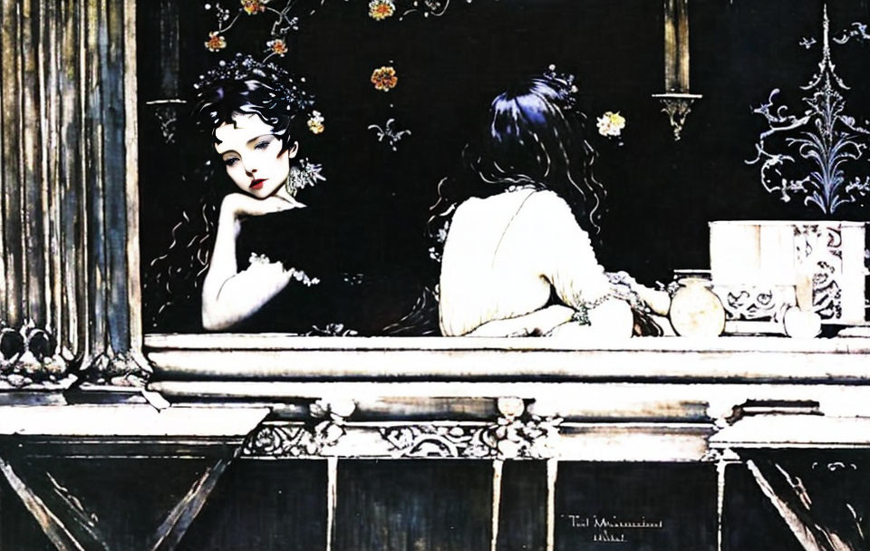 Two women on balcony with dark hair, one facing forward, one with back turned, surrounded by floral