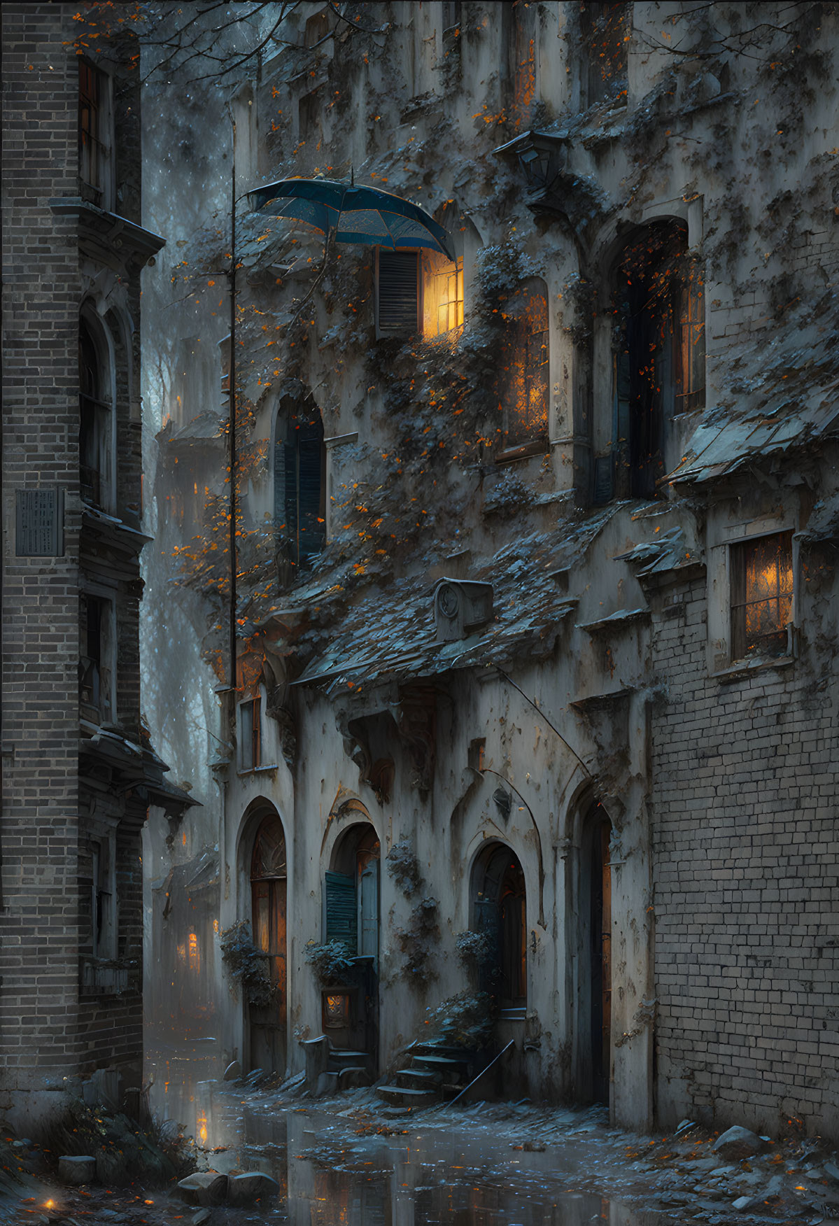 Rainy city alley at dusk with glowing windows, umbrella, and vines