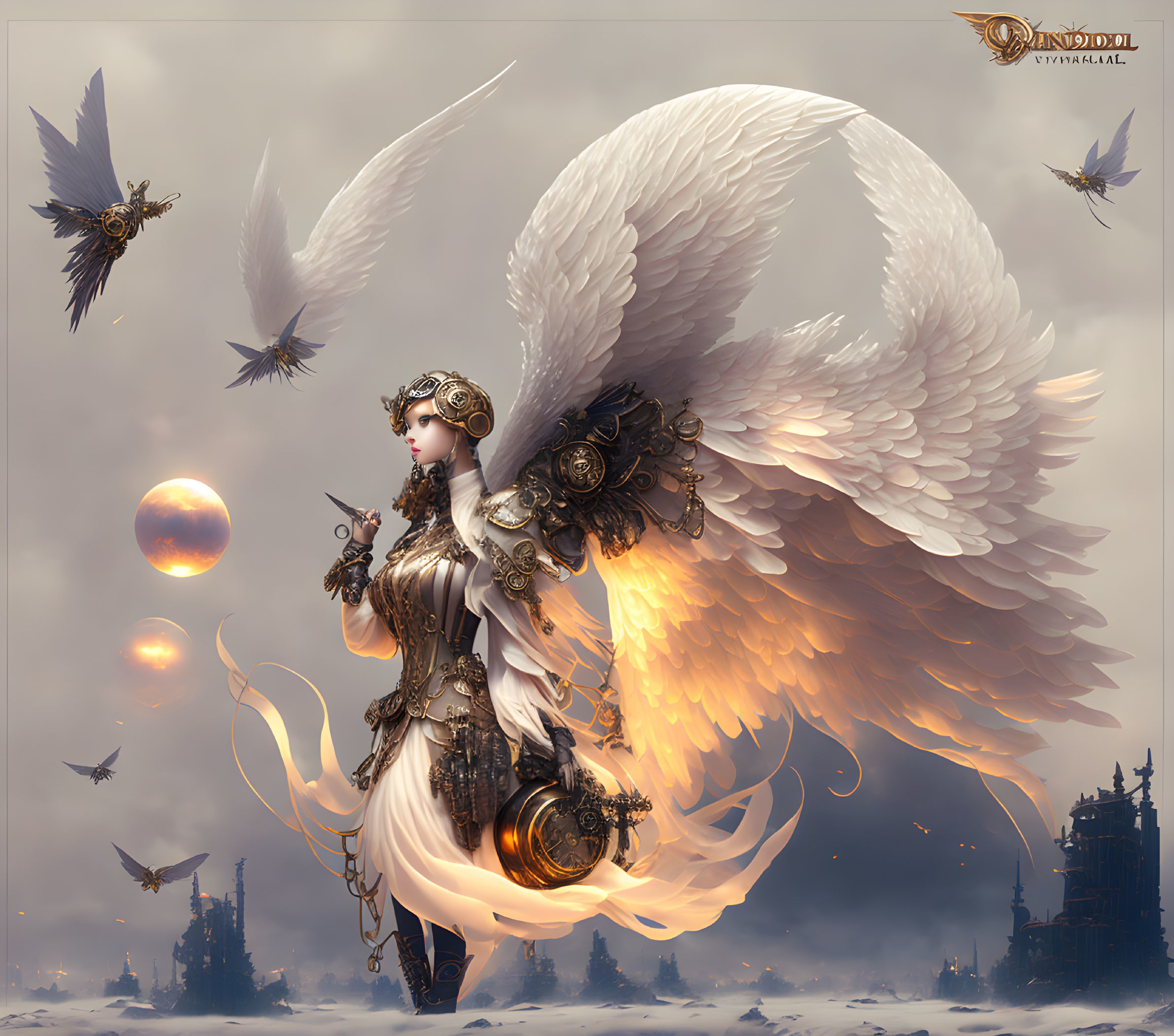 Ethereal figure with white wings in surreal battlefield