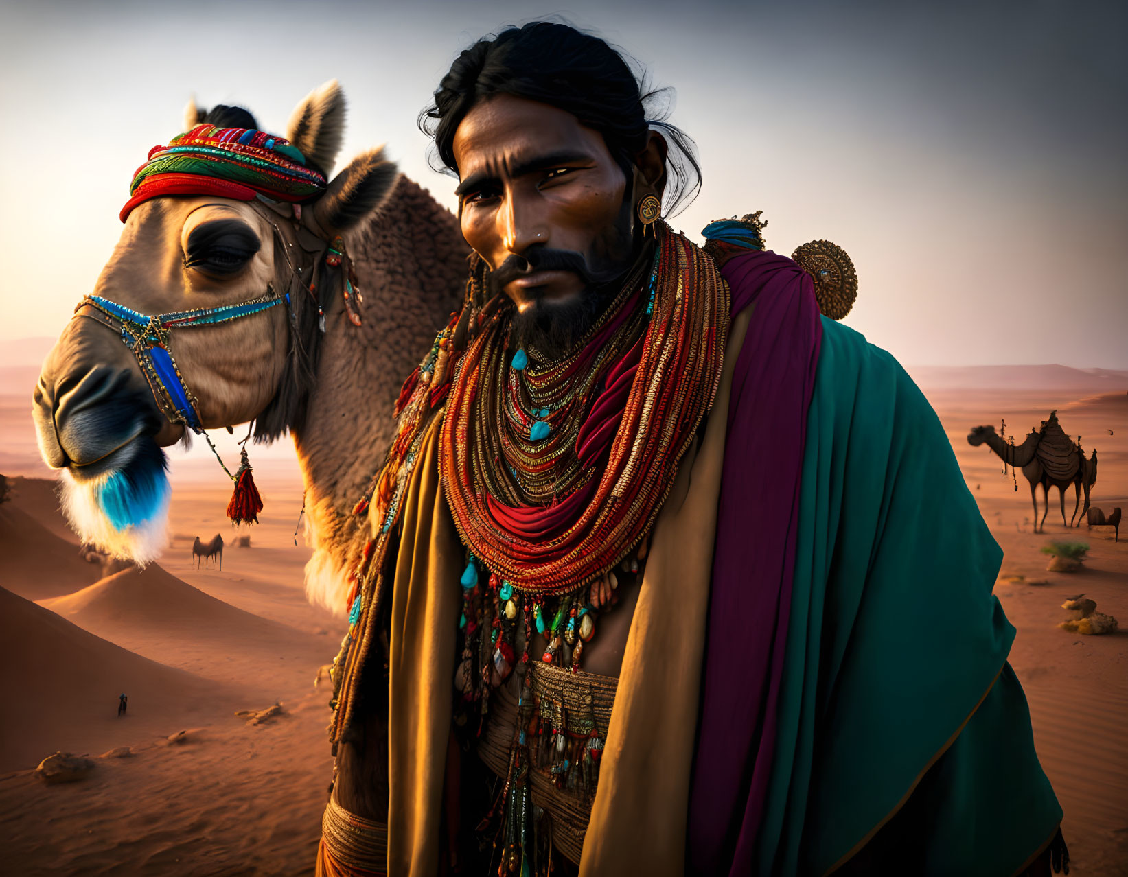 Traditional Attire Man with Camel in Desert at Sunset