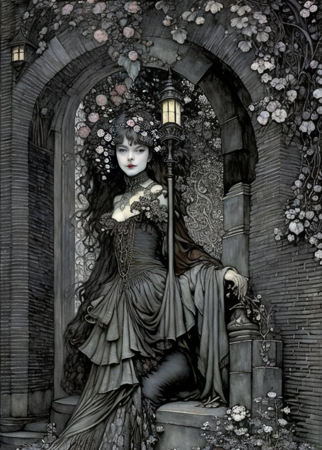 Woman in gothic-style black dress with floral headpiece posing by lamppost and archway.