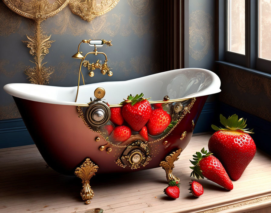 Luxurious Claw-Foot Bathtub Overflowing with Strawberries in Elegant Room