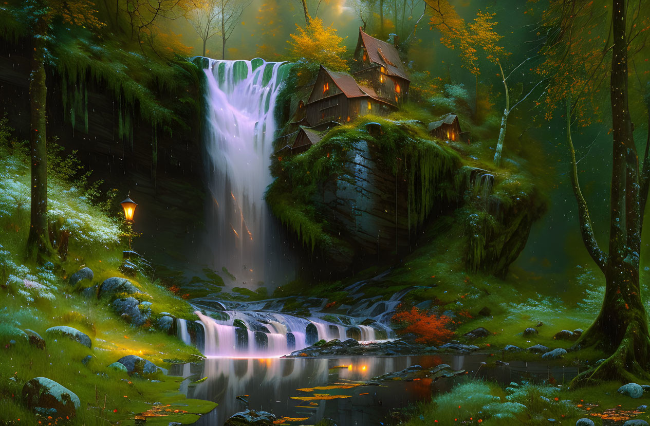 Enchanting forest scene with tiered waterfall and cottage under twilight canopy