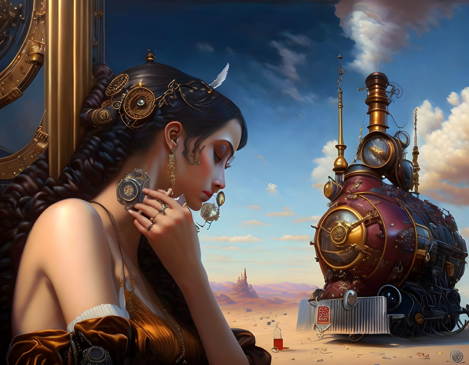 Steampunk-themed woman with intricate jewelry beside detailed steam locomotive under vast sky