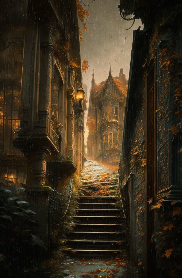 Autumn alley scene with falling leaves and old buildings at night.