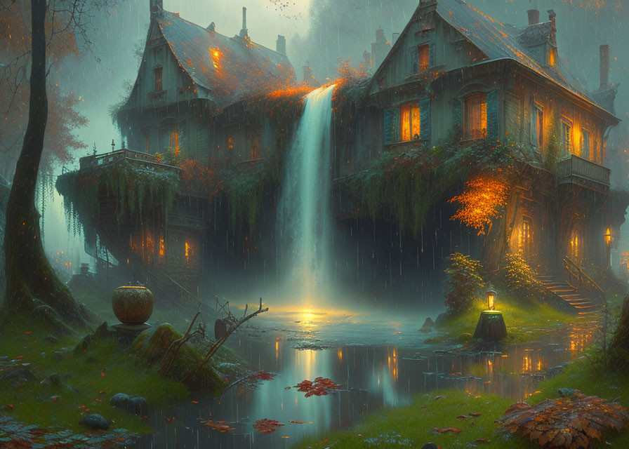 Enchanting forest scene with old house, waterfall, and pond