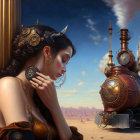 Steampunk-themed woman with intricate jewelry beside detailed steam locomotive under vast sky