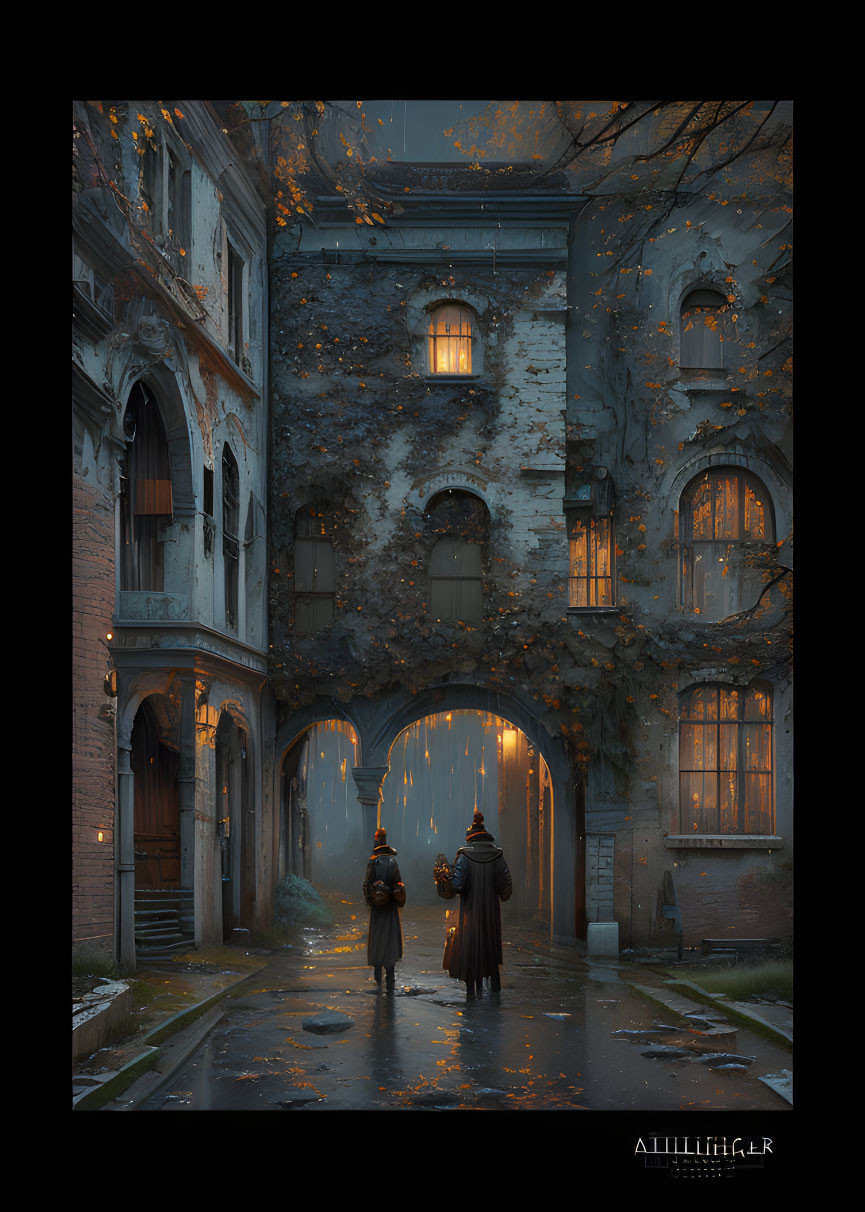 Moody lamp-lit courtyard scene with autumn leaves and old arched buildings