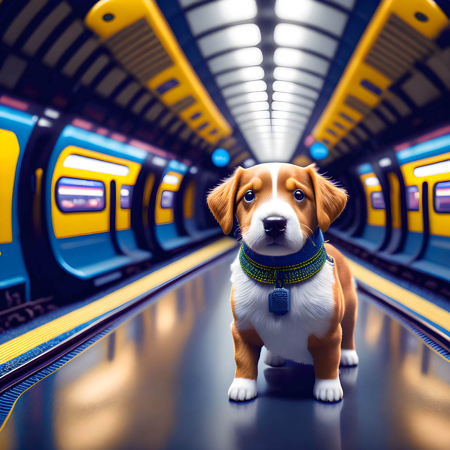 Brown and White Dog with Blue Collar in Futuristic Subway Car