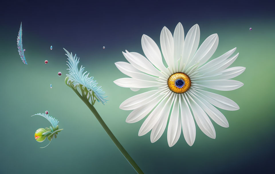 Whimsical white daisy with blue eye and colorful floating creatures