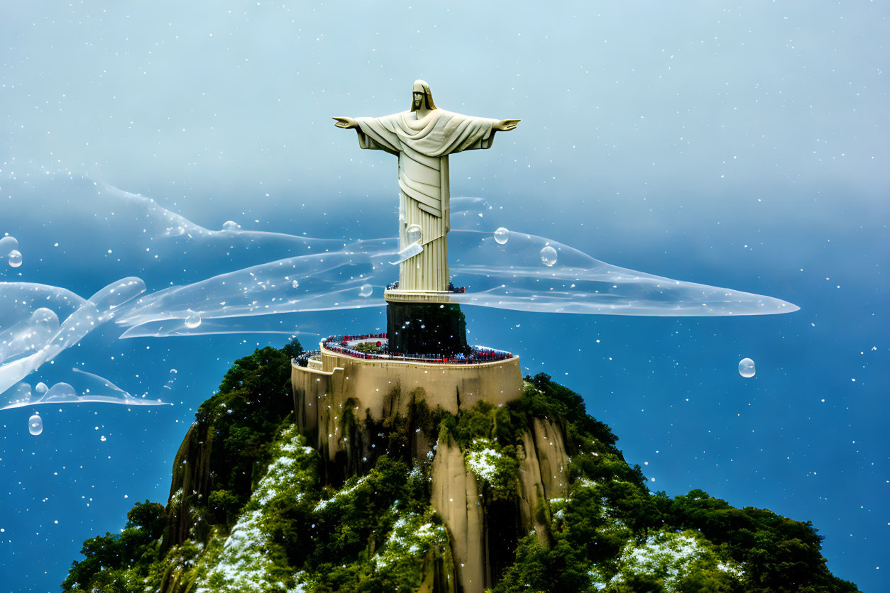 Iconic Christ the Redeemer statue on mountain with soap bubbles for surreal effect