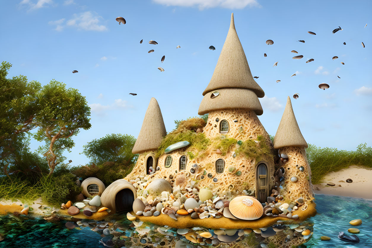 Whimsical fairytale castle with conical towers and flying fish on tranquil beach