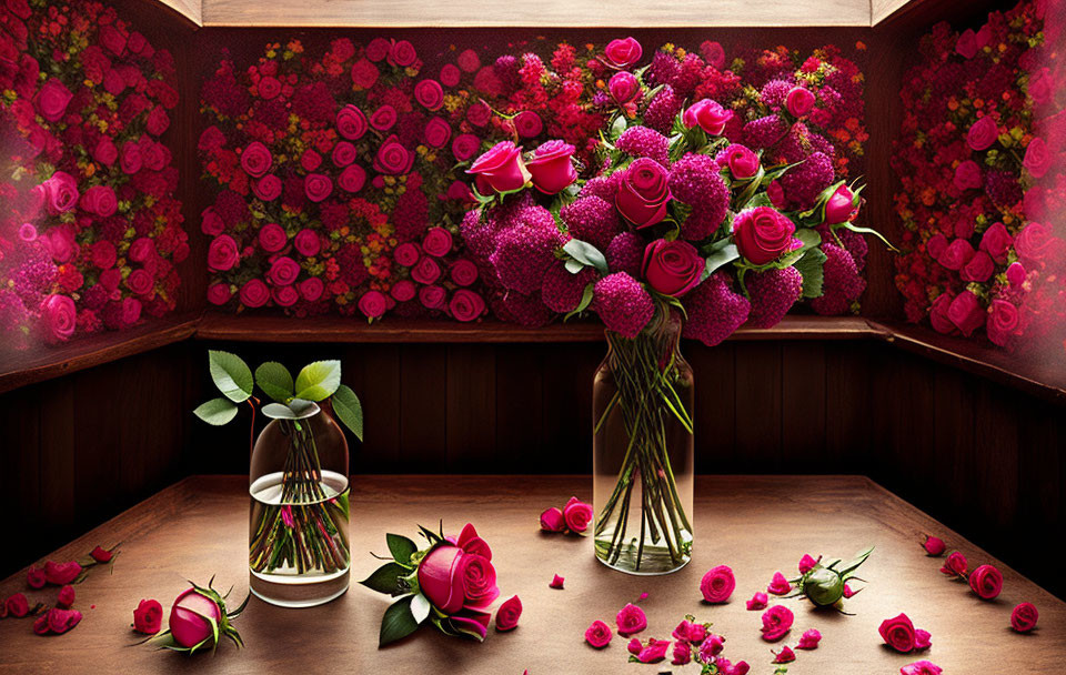 Assorted pink and red roses and flowers in wooden box with scattered petals.