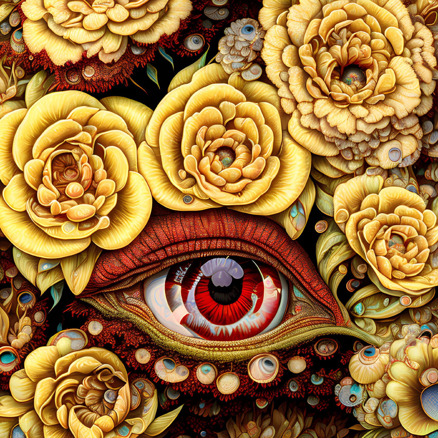 Detailed human eye surrounded by textured golden flowers & intricate patterns